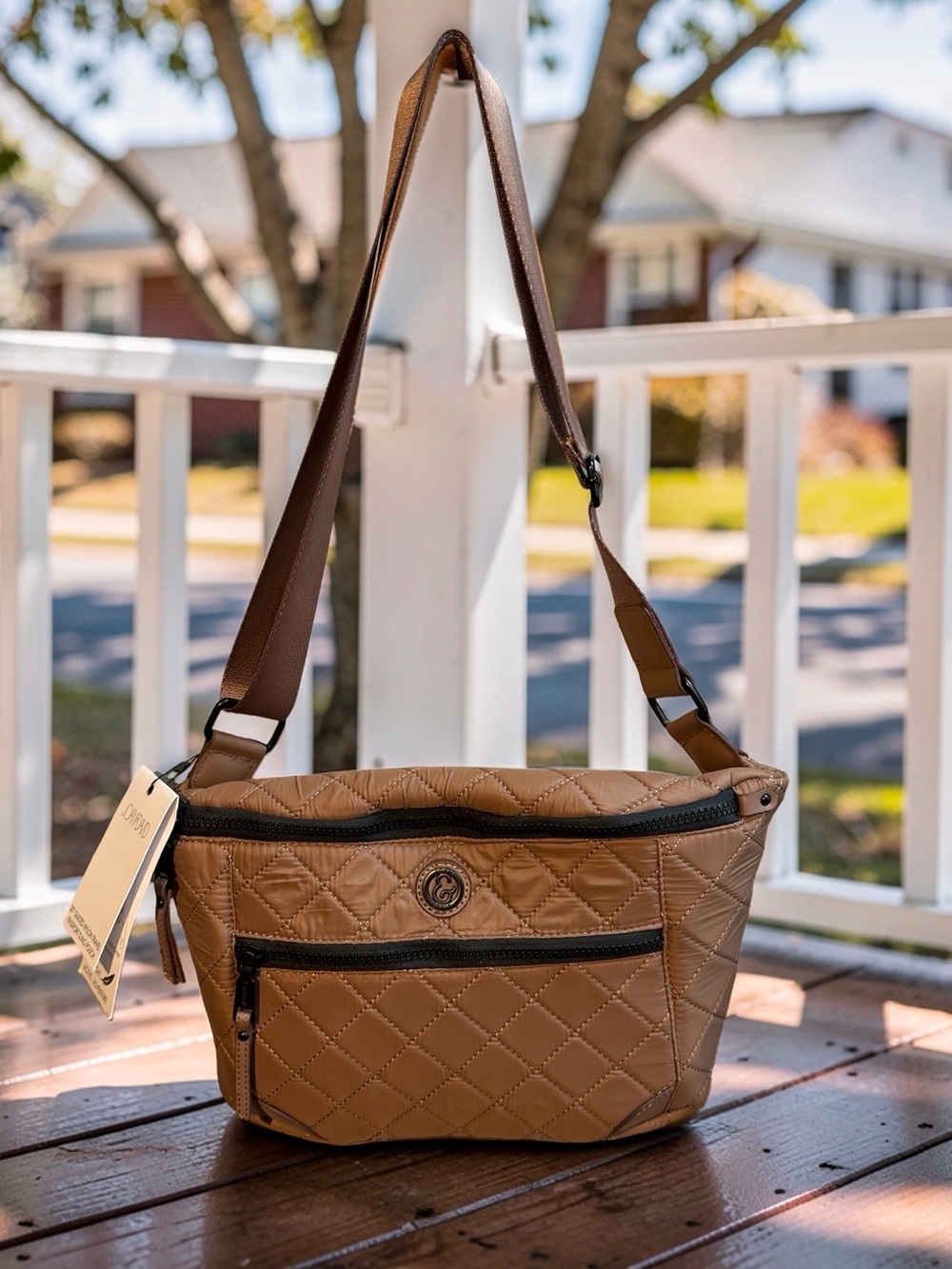 Joan & David NWT Quilted Tan Crossbody Sling Pouch with Adjustable Strap (P270)